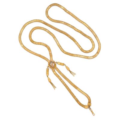 Collana saliscendi, in oro giallo 9k, con medaglione scorrevole decorato a cammeo in smalto