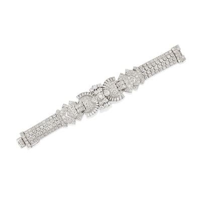 Bracciale déco in platino e oro bianco 18k, diamanti taglio brillante e baguette