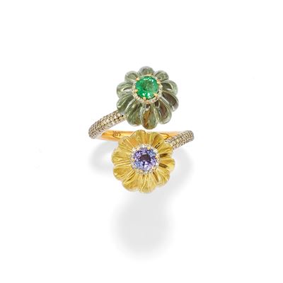 Anello in oro giallo 14k e argento con pietre colorate e diamanti