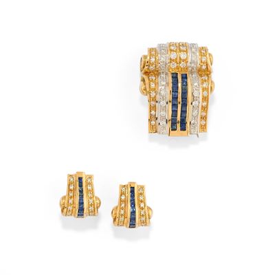 Demi-parure in oro bicolore 18k con diamanti e zaffiri (spilla e orecchini)