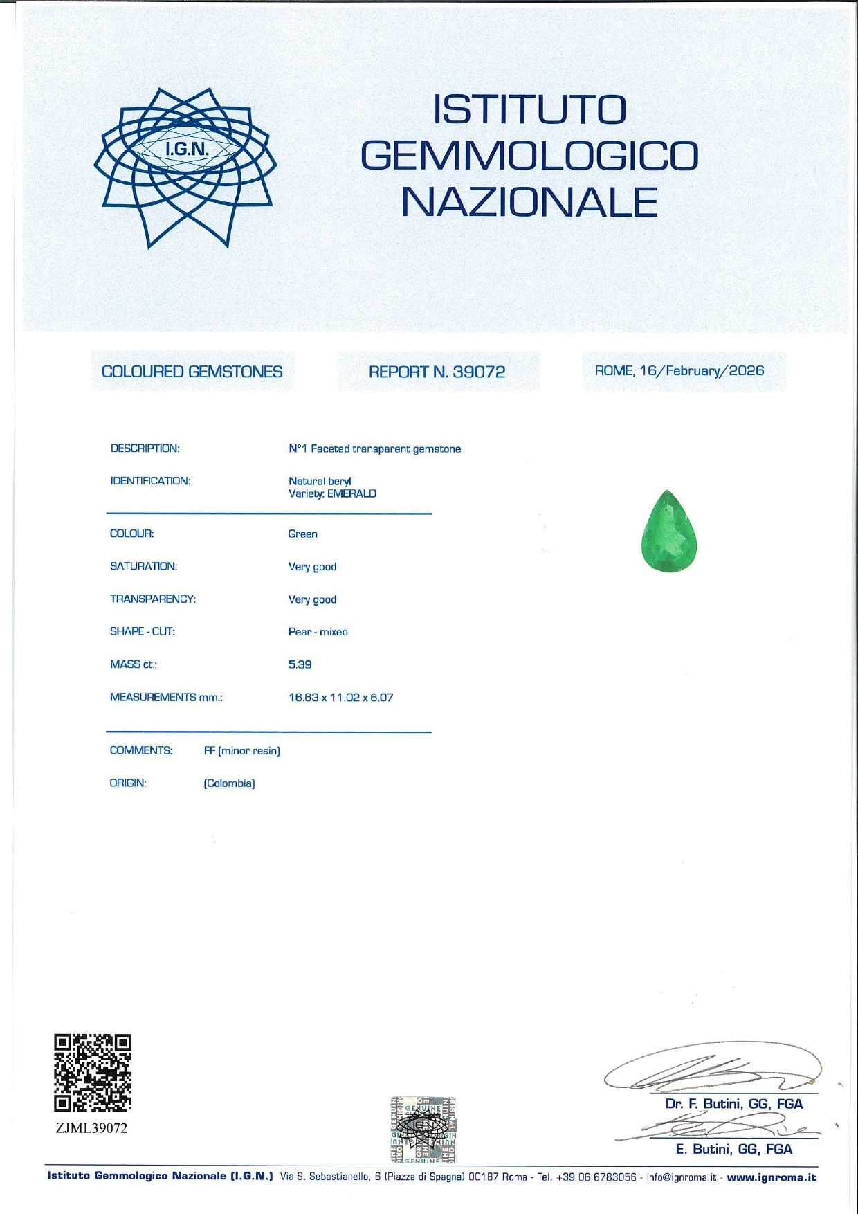Smeraldo, taglio a goccia (ct 5,39) con certificato gemmologico