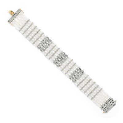 Bracciale con perle coltivate e diamanti, in argento con chiusura in oro giallo 14k