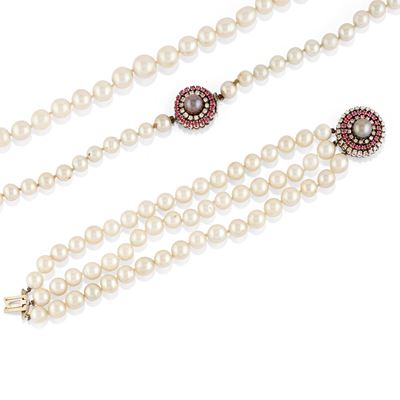 Demi parure in oro bianco 18k con perle coltivate e pietre preziose (bracciale e collana)