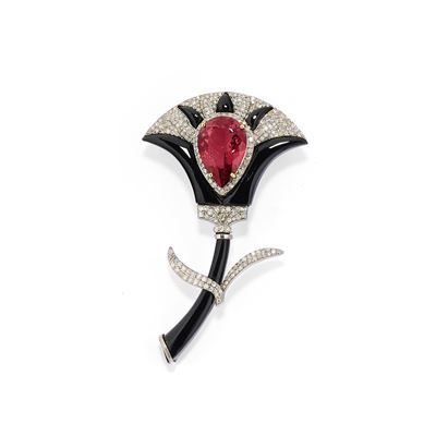 Spilla fiore in oro giallo 14k e argento con tormalina rosa a goccia, onice e diamanti