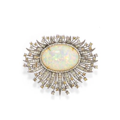 Spilla con opale, in oro giallo 14k e argento, con diamanti gialli e incolori