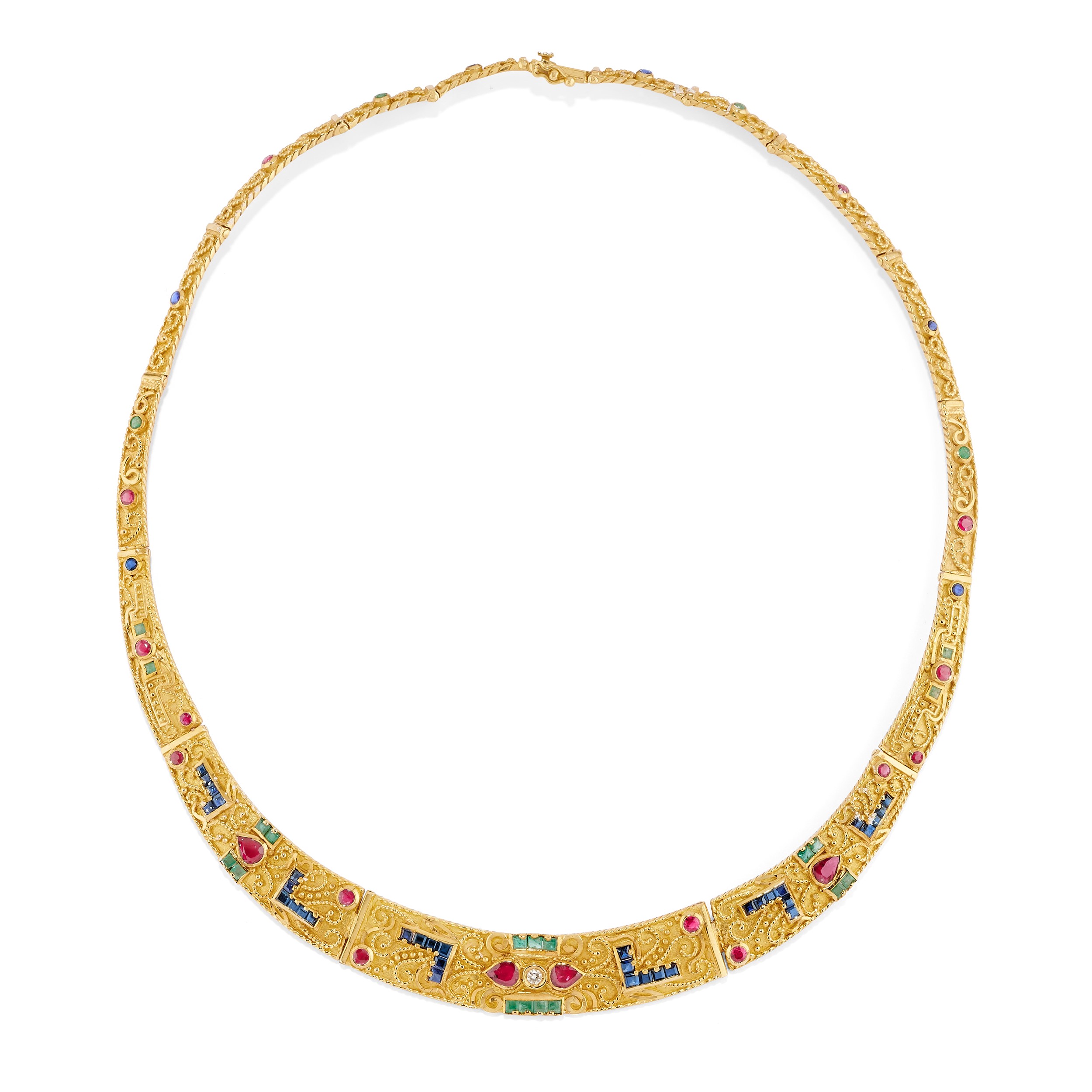 Demi-parure in oro giallo 18k con zaffiri, smeraldi, rubini e diamanti