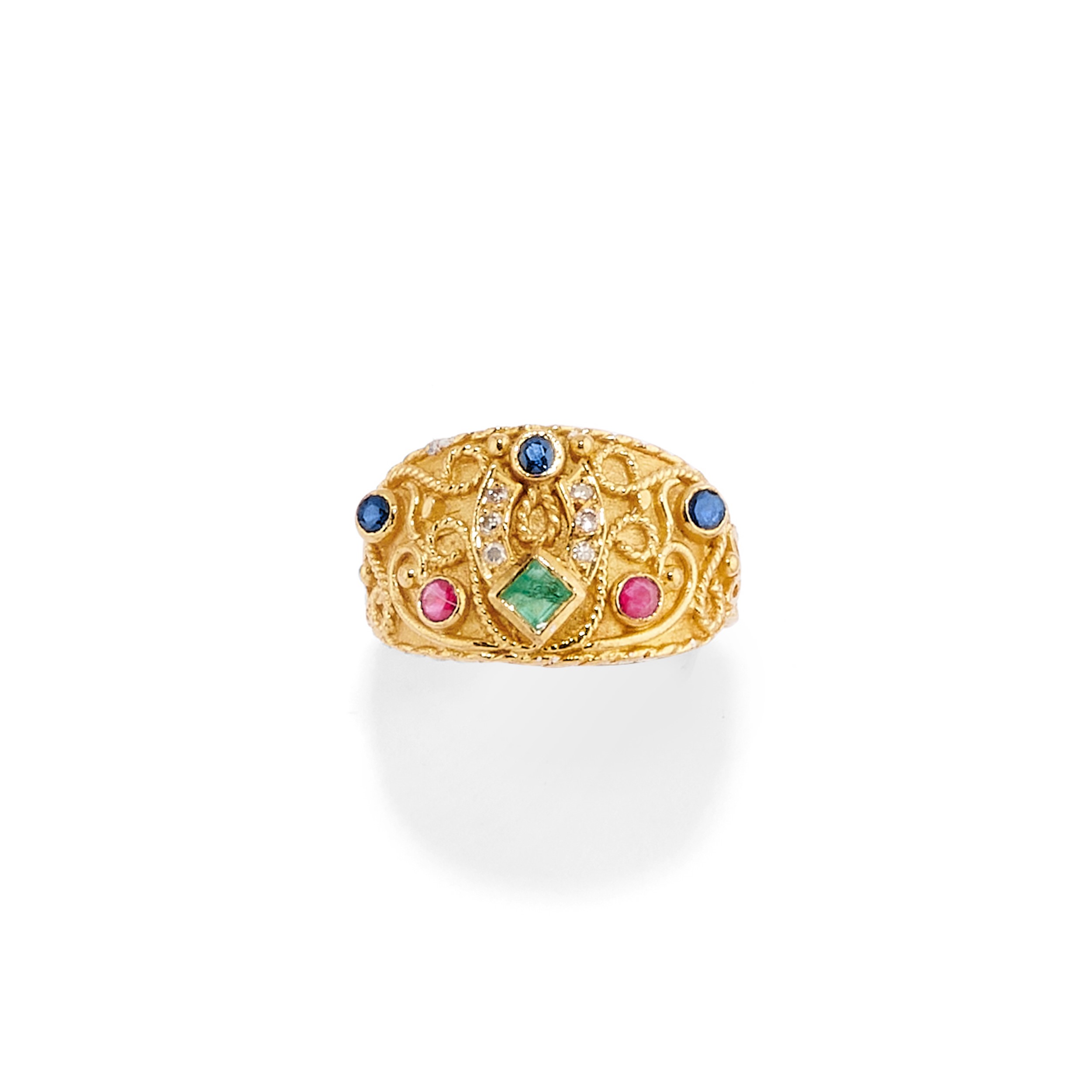 Demi-parure in oro giallo 18k con zaffiri, smeraldi, rubini e diamanti