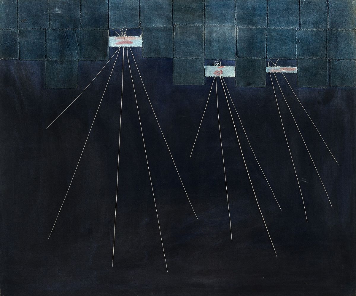 Achille Pace - Itinerario raggiante, 1990 - Filo e collage su tela