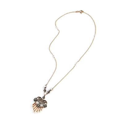 Collana in oro giallo 14k e argento con piccole perle e pendente frangiato