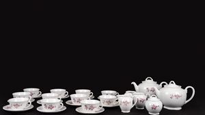 White porcelain tea set decorated with peach blossoms, "Isolabella" Laveno, 1930s-1940s
