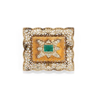 Spilla tulle rettangolare in tre ori 18k con smeraldo e diamanti