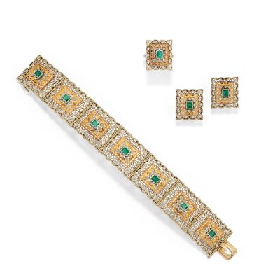 Parure con smeraldi e diamanti, nei tre ori 18k