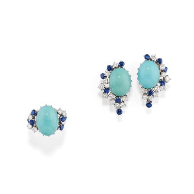 Set in oro bianco 18k con turchesi, anello e orecchini a clip