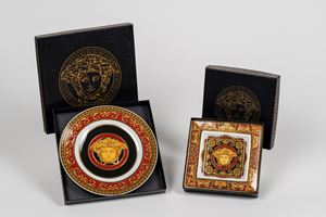 Rosenthal studio-linie for Versace, Medusa, a saucer and an ashtray in polychrome porcelain within cases