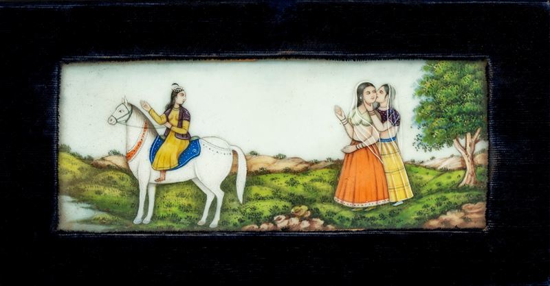 Miniatura su mattonella in porcellana, India, XIX secolo