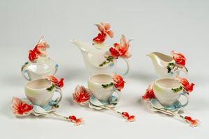 Servizio da te "Goldfish" in porcellana bianca con decoro a pesce rosso in stile orientale