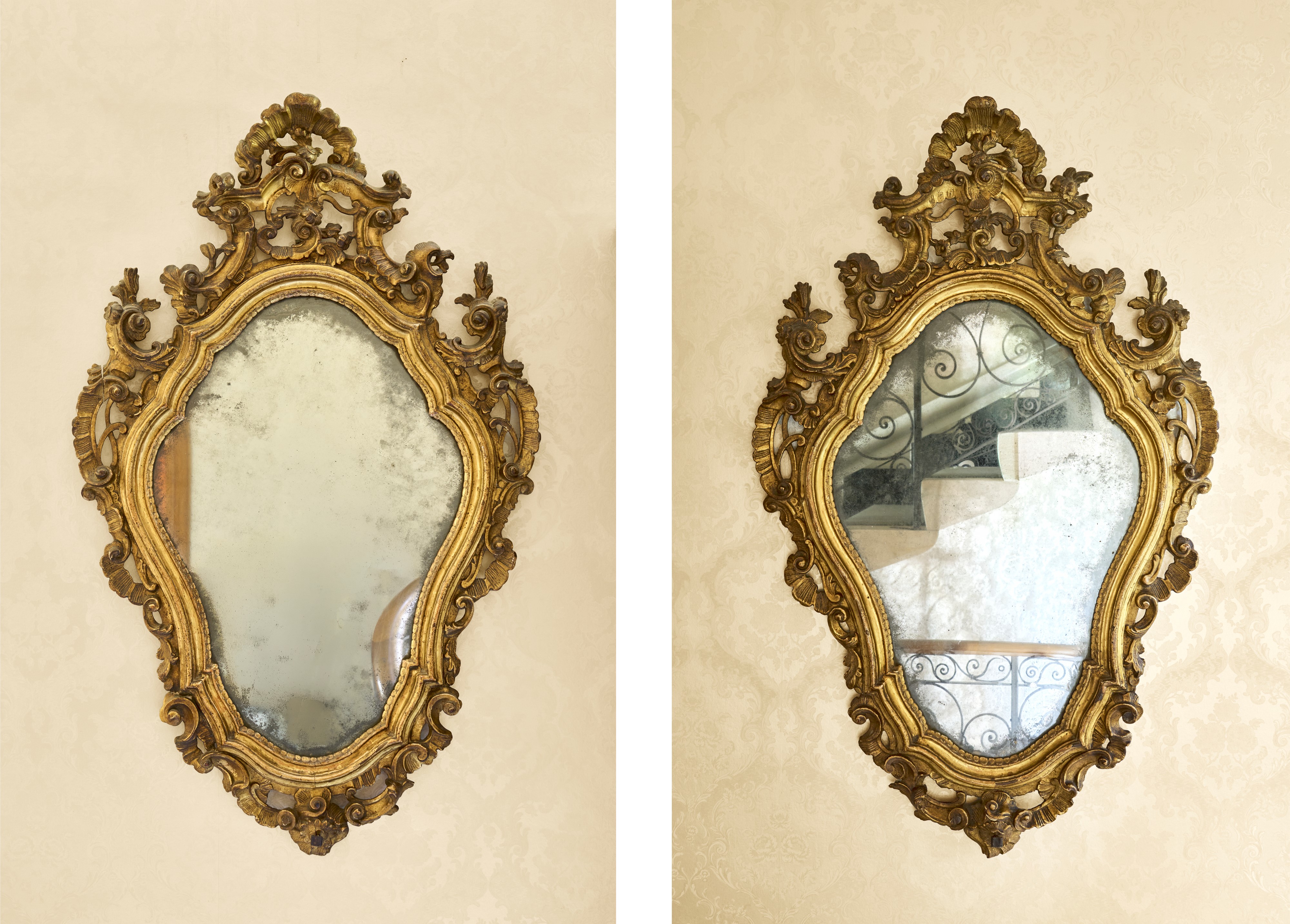 Coppia di Specchiere di Forma Mossa con Cornice Decorata a Fregi di Volute Fogliate. Veneto, Seco...