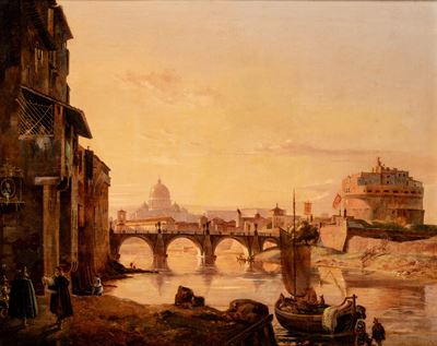 Veduta di Roma con Basilica di San Pietro e Castel Sant'Angelo, olio su tela