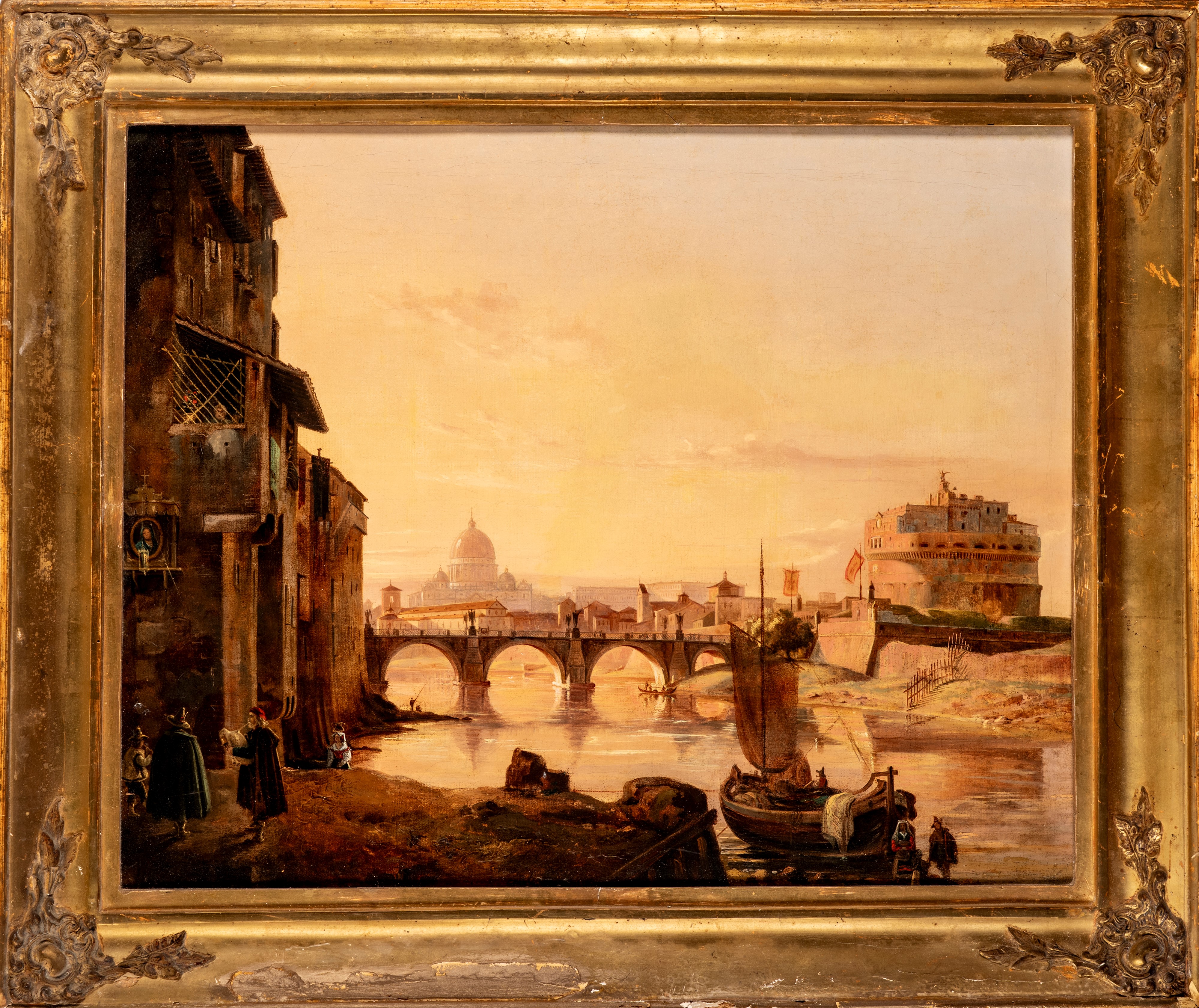 Scuola del Secolo XIX - Veduta di Roma con Basilica di San Pietro e Castel Sant'Angelo, olio su t...