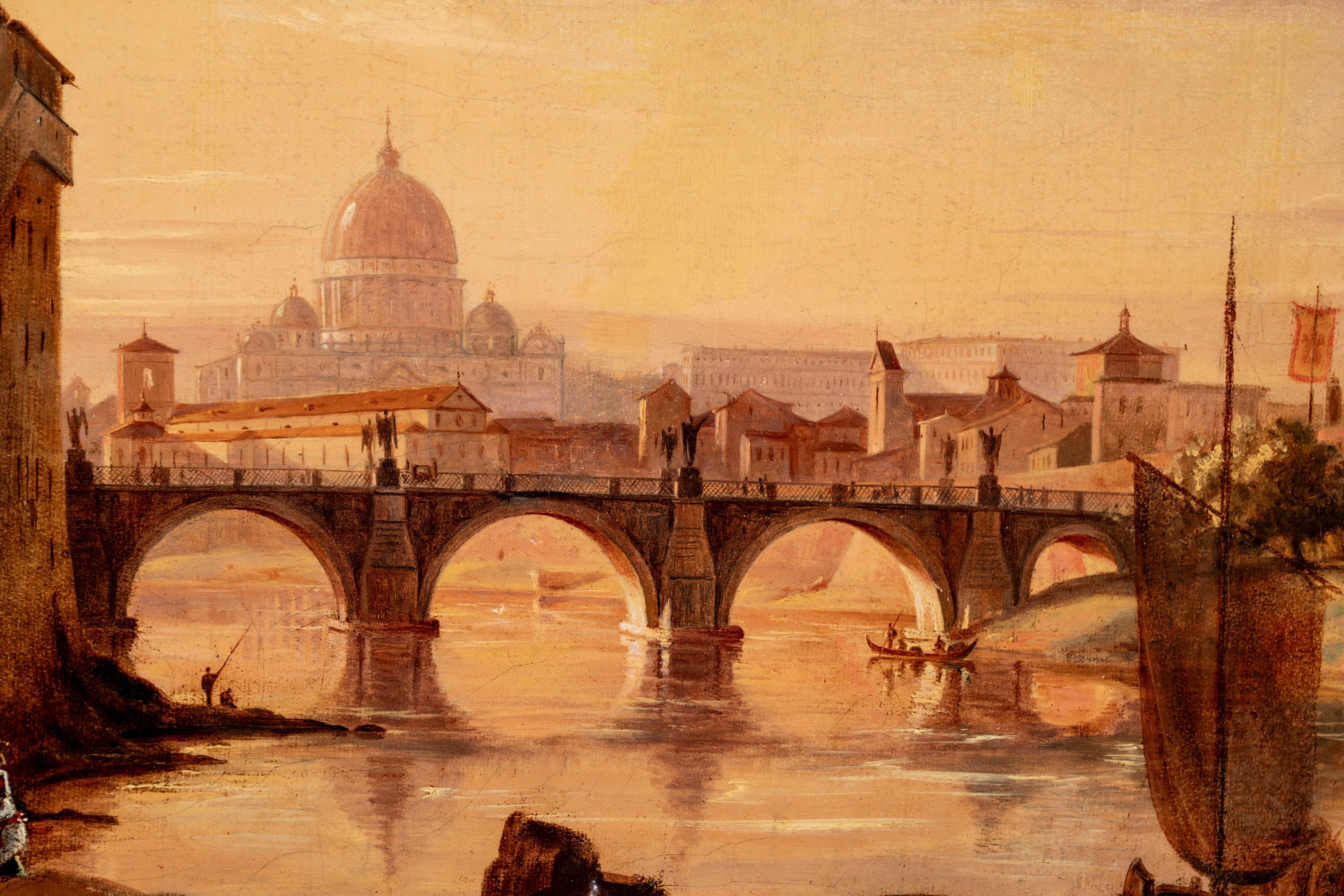 Scuola del Secolo XIX - Veduta di Roma con Basilica di San Pietro e Castel Sant'Angelo, olio su t...