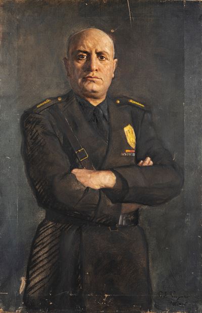 Benito Mussolini, Ritratto del Duce in uniforme nera del PNF, olio su tela