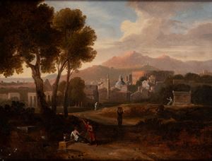 Landscape with Roman monuments and figures