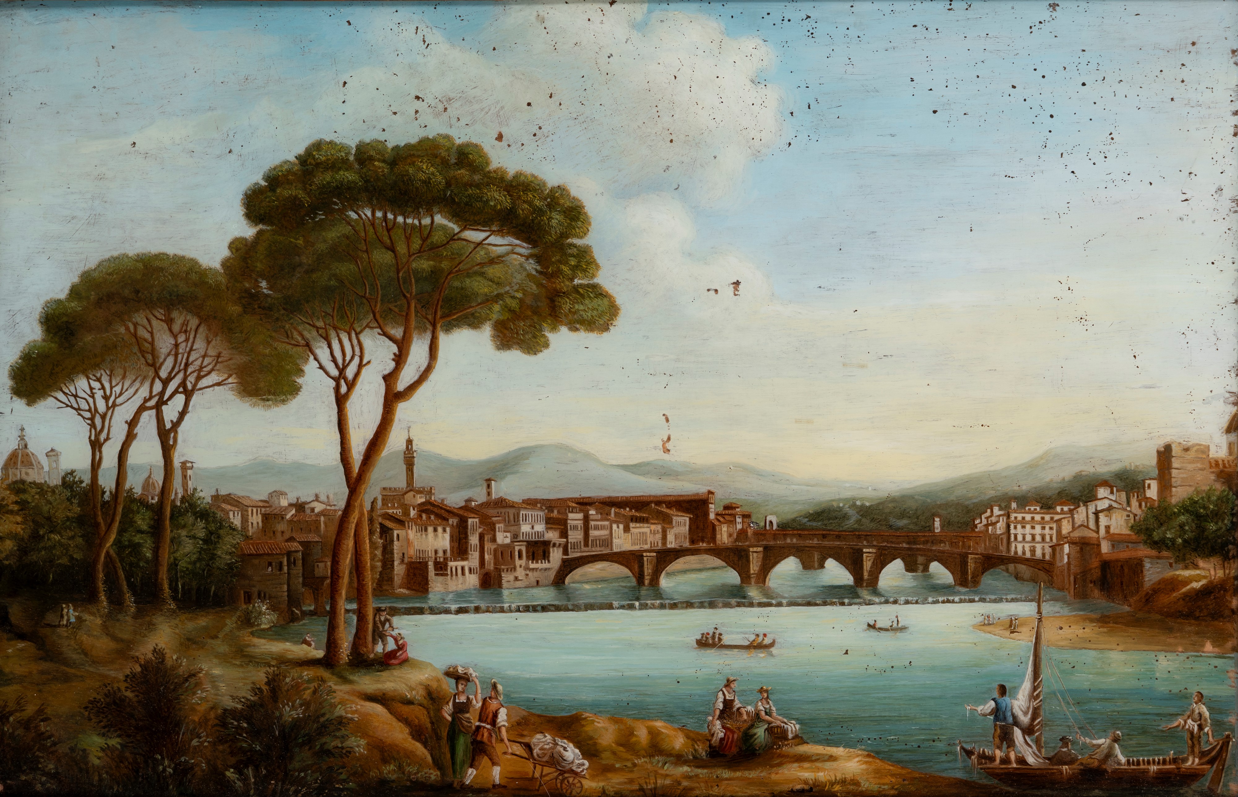 Scuola Italiana, Secolo XIX - Vedute di Firenze con figure, dipinti sottovetro (coppia)