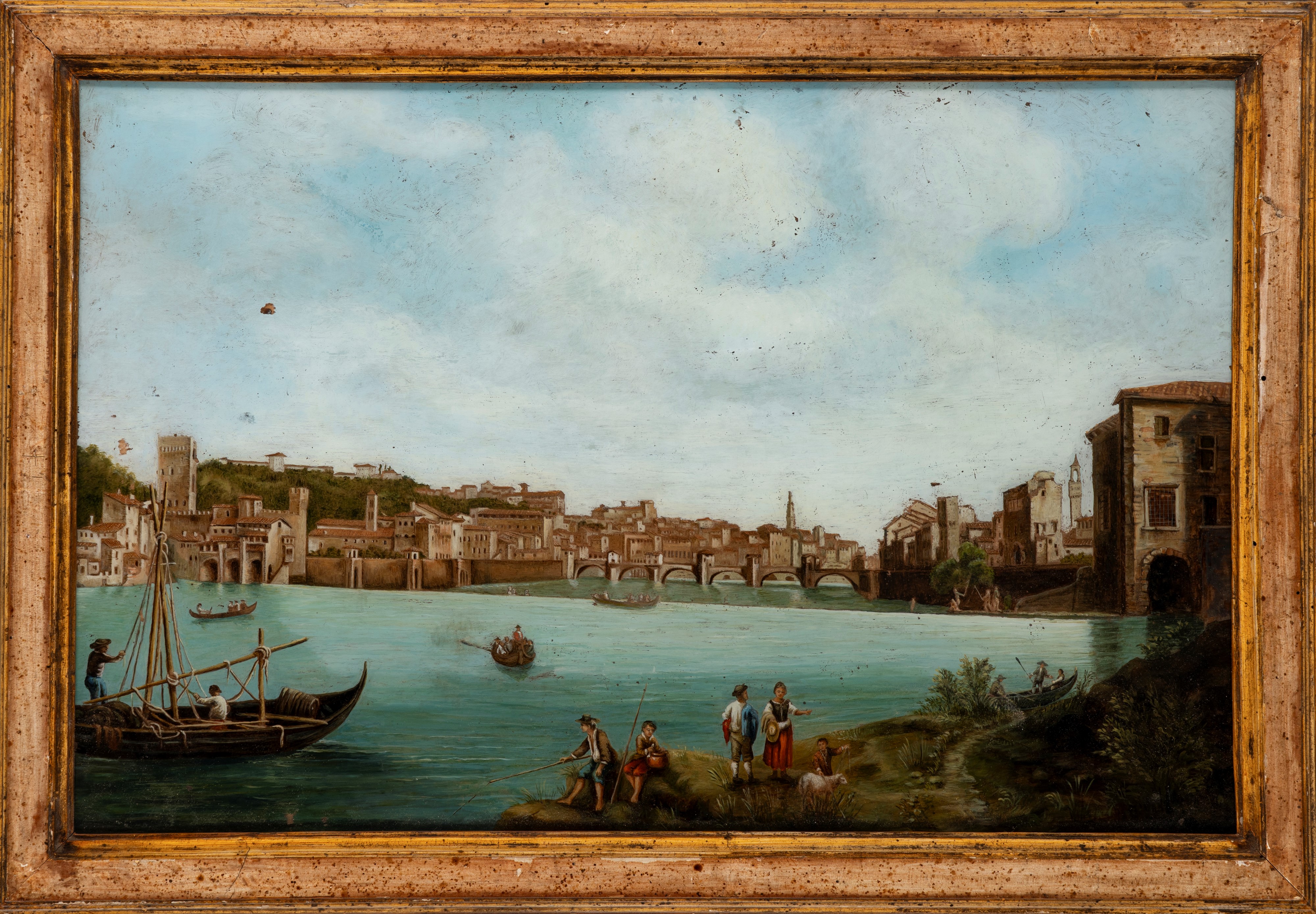 Scuola Italiana, Secolo XIX - Vedute di Firenze con figure, dipinti sottovetro (coppia)