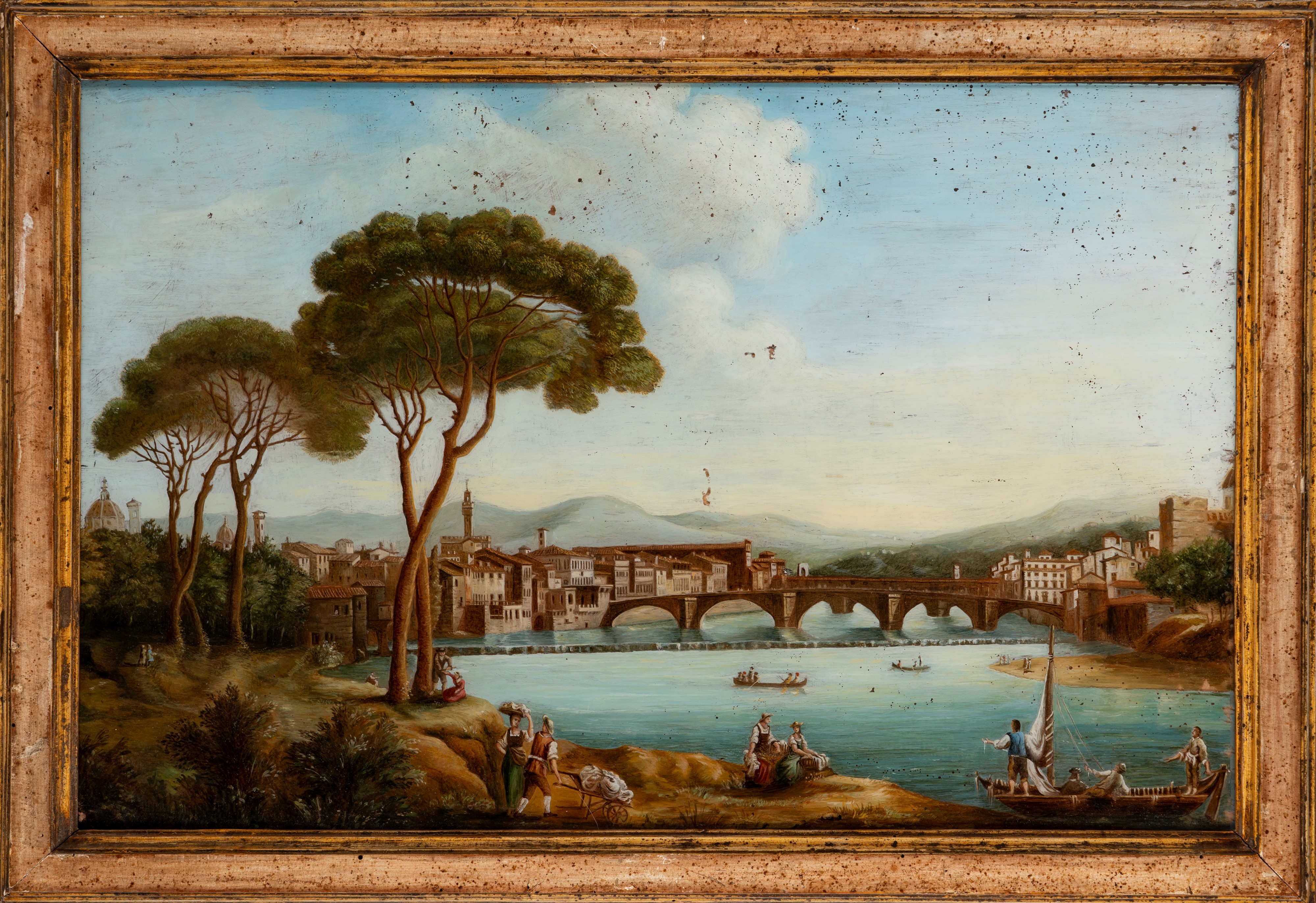 Scuola Italiana, Secolo XIX - Vedute di Firenze con figure, dipinti sottovetro (coppia)
