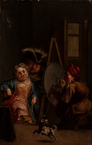 Scene of dwarves in the painter's studio