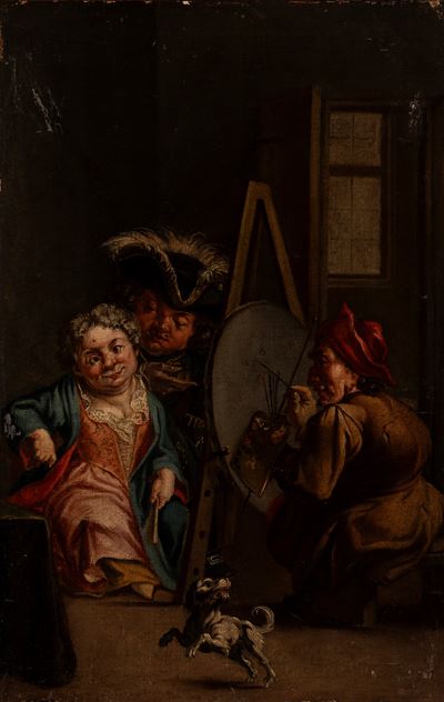 Scena di nani nello studio del pittore, olio su tela