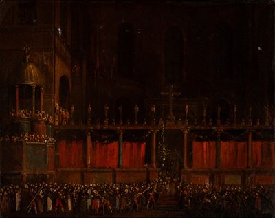 Interno della Basilica di San Marco a Venezia, dipinto o disegno (dimensioni 36 x 44 cm) con corn...