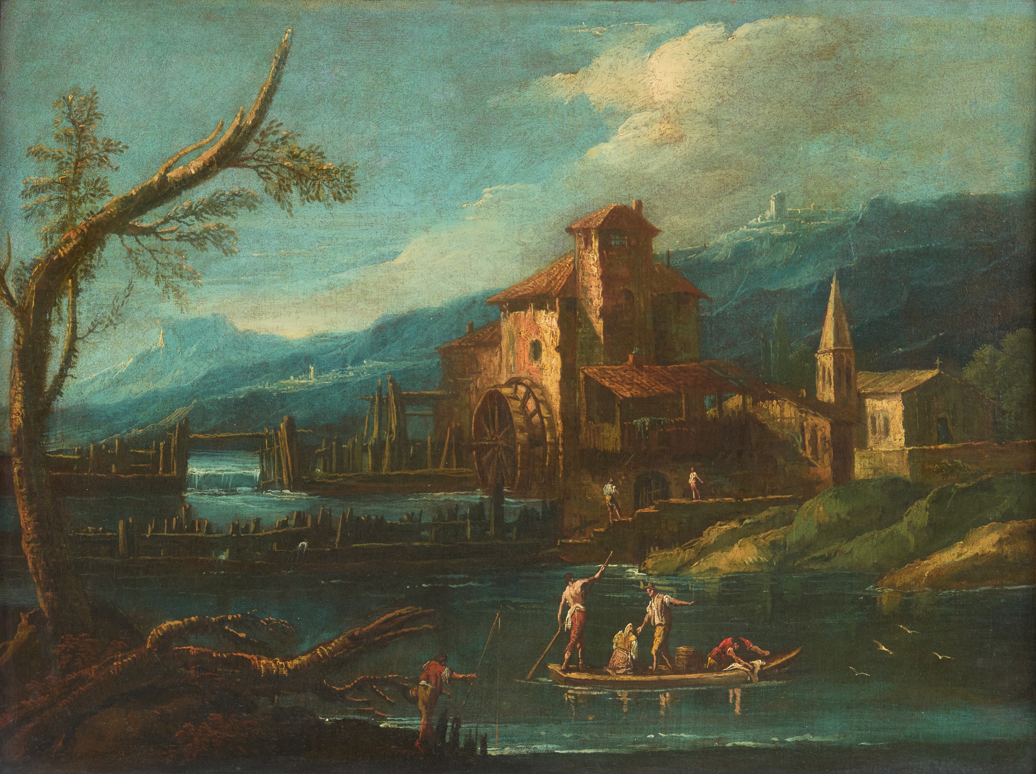 Paesaggio fluviale con figure e mulino; Paesaggio fluviale con castello e figure presso un ponte