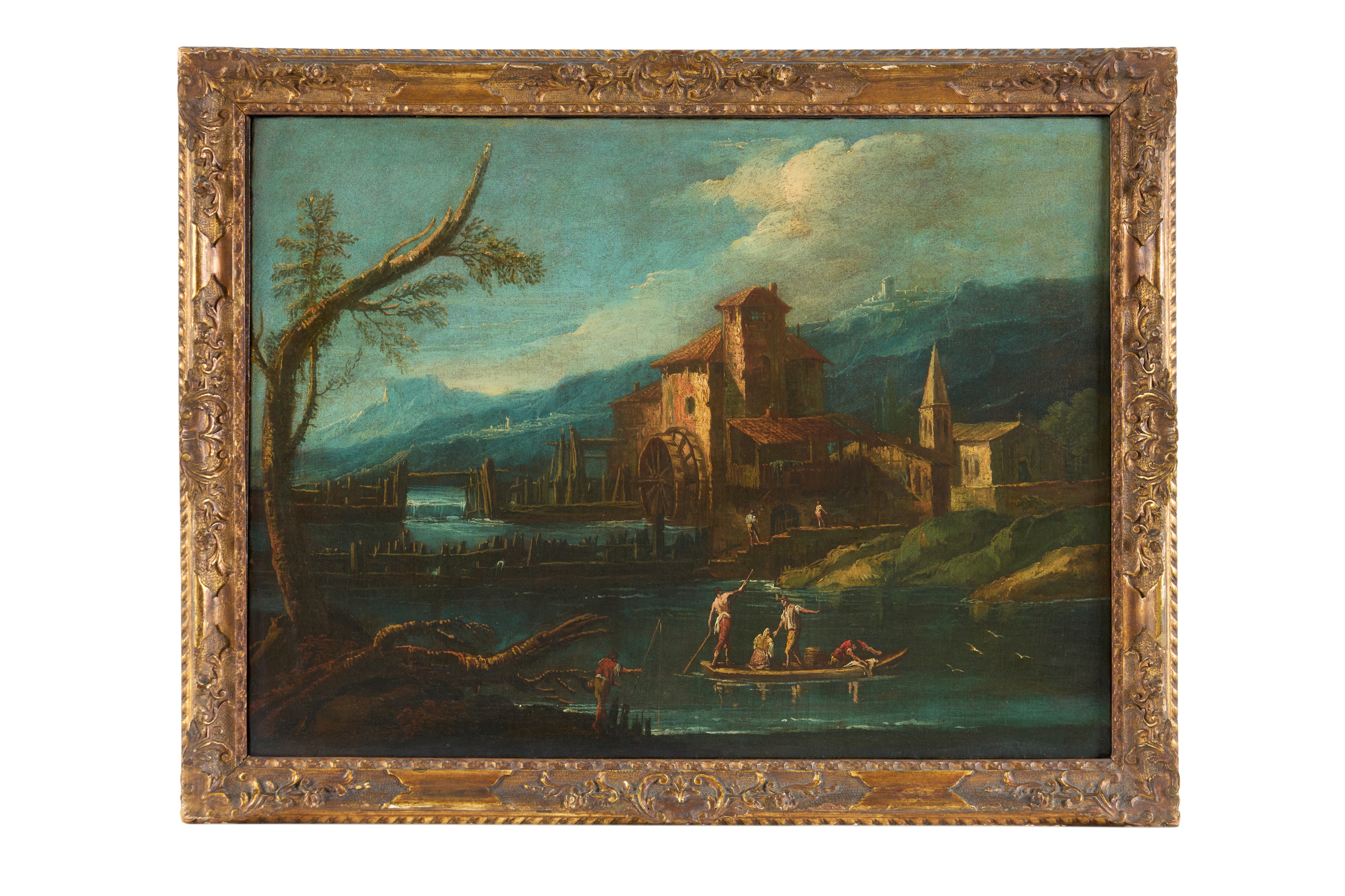 Paesaggio fluviale con figure e mulino; Paesaggio fluviale con castello e figure presso un ponte