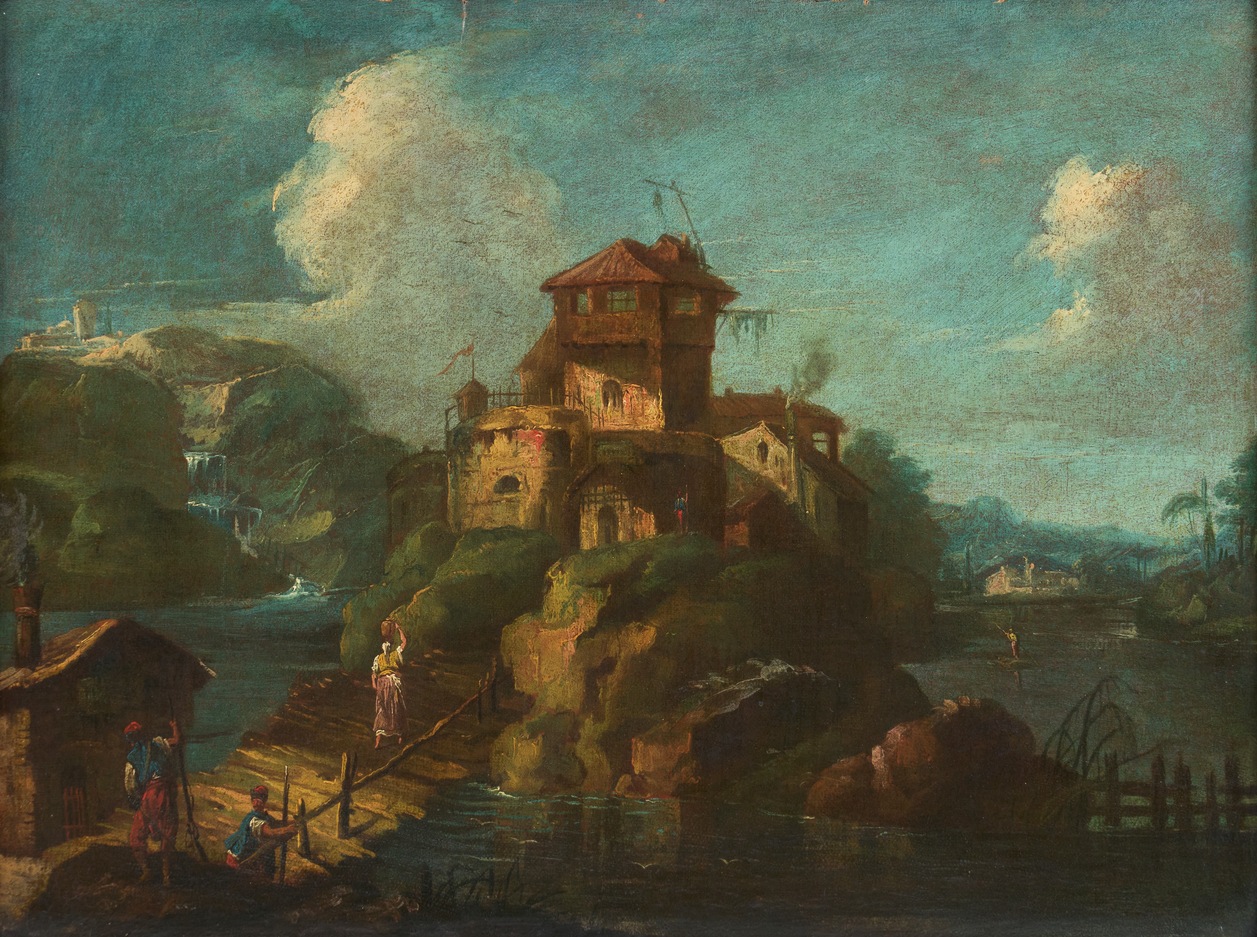 Paesaggio fluviale con figure e mulino; Paesaggio fluviale con castello e figure presso un ponte
