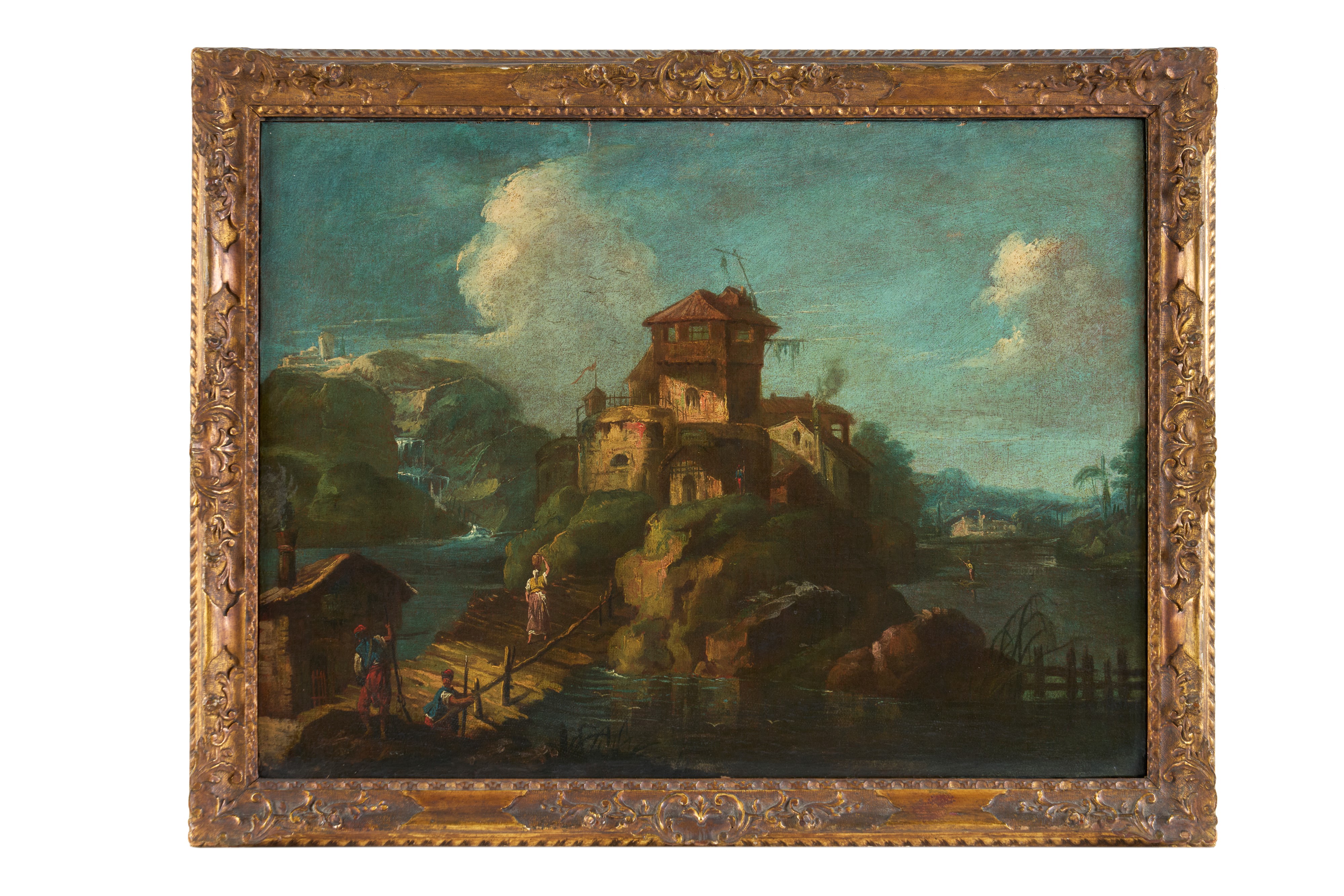 Paesaggio fluviale con figure e mulino; Paesaggio fluviale con castello e figure presso un ponte