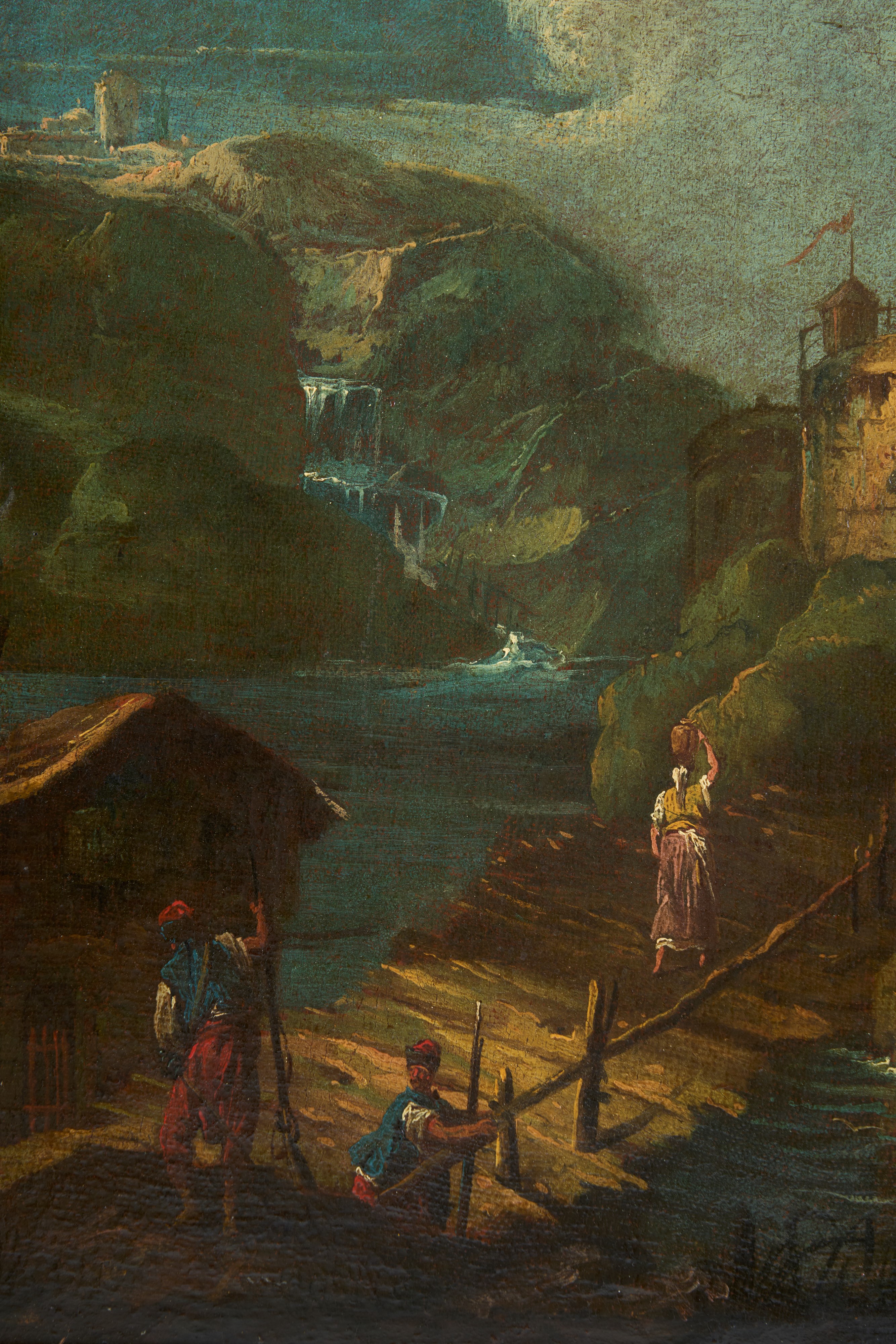 Paesaggio fluviale con figure e mulino; Paesaggio fluviale con castello e figure presso un ponte