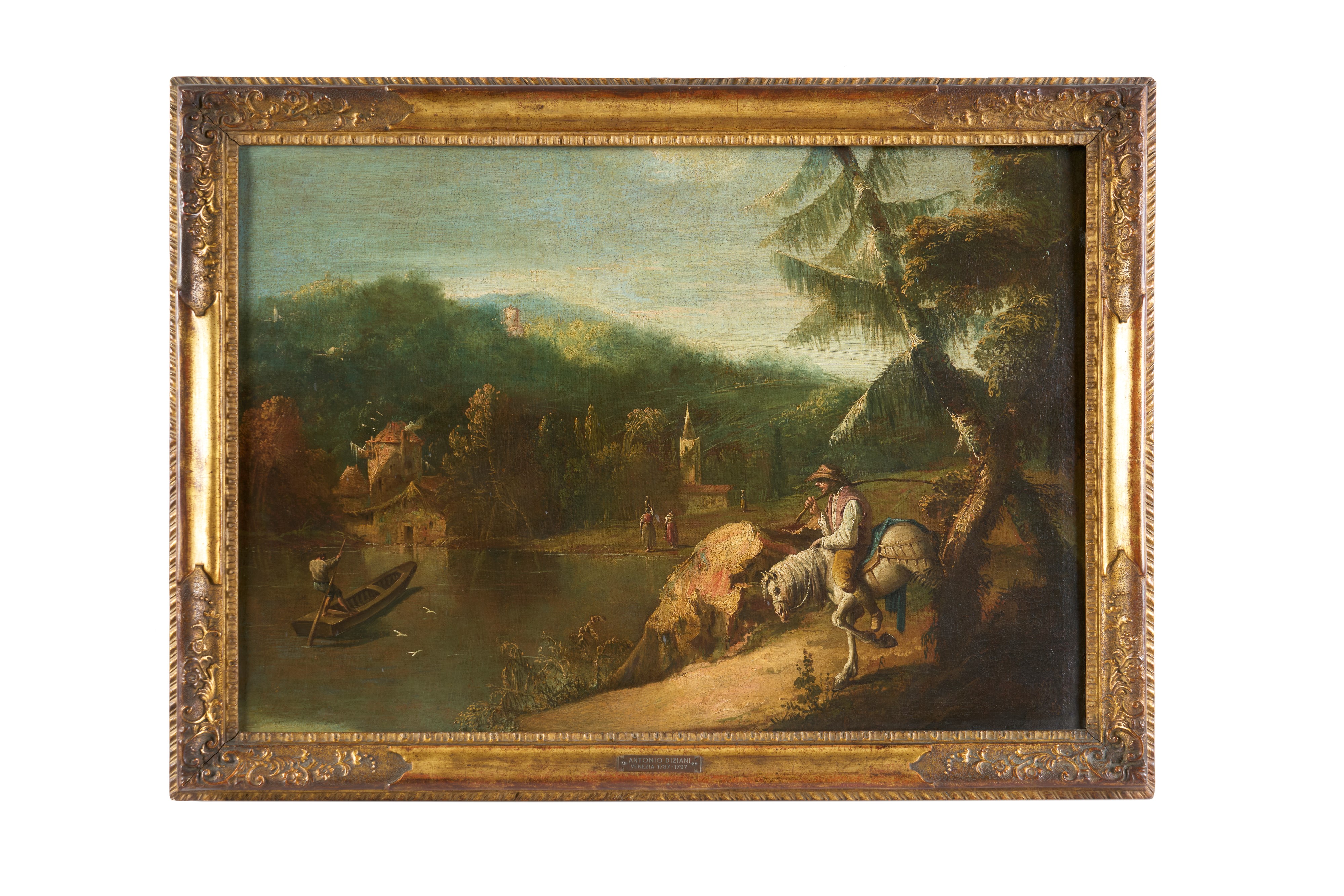 Paesaggio fluviale con viandante a cavallo e altre figure