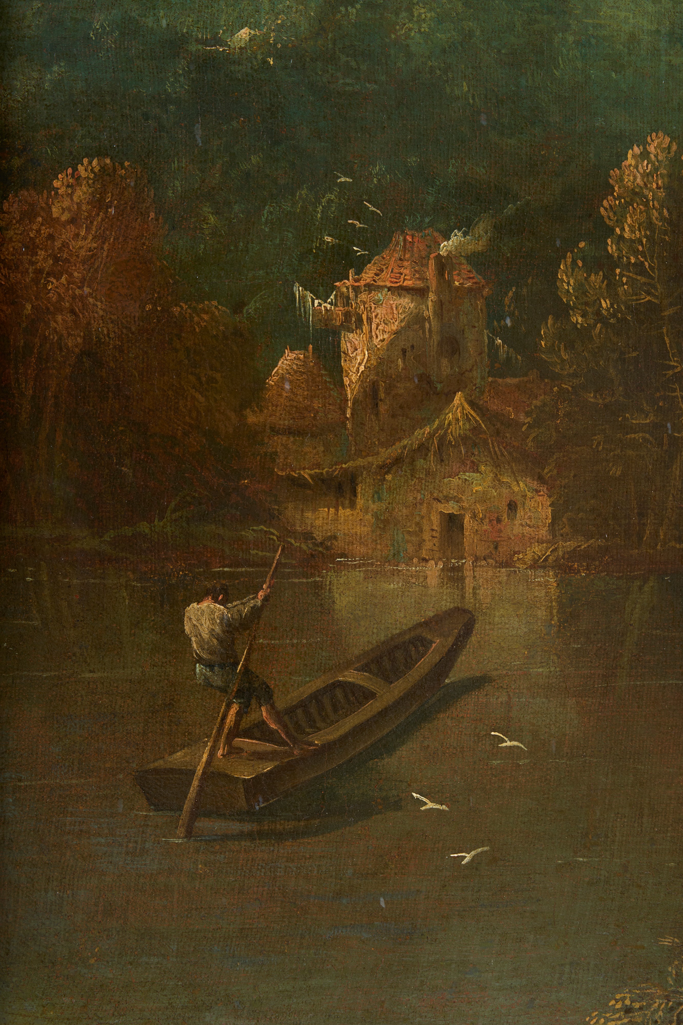 Paesaggio fluviale con viandante a cavallo e altre figure