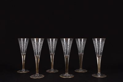 Moser, Servizio da sei flute in cristallo inciso con bordi in oro