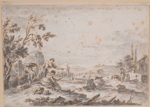 River landscape with fishermen and herds