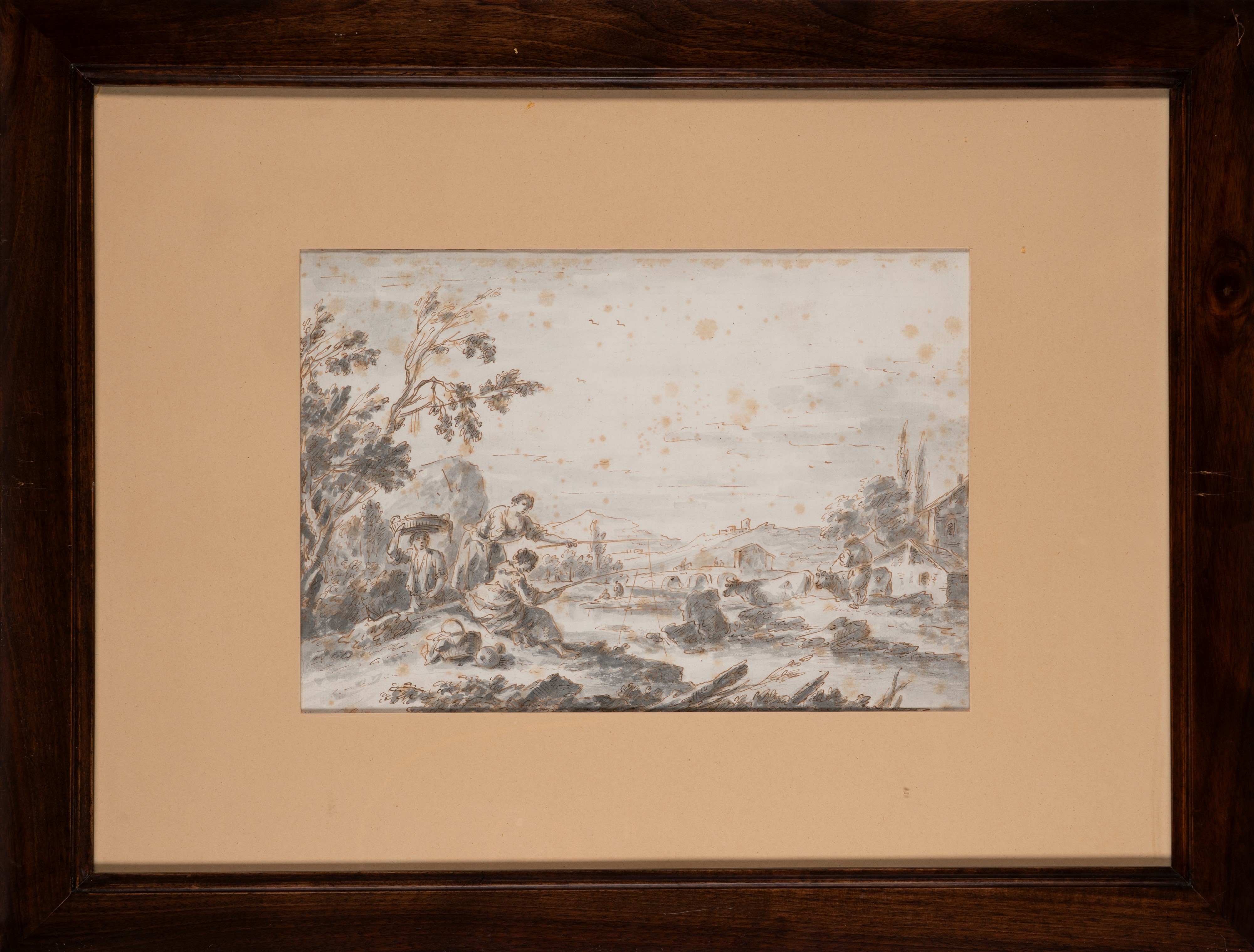 Giuseppe Zais - Paesaggio fluviale con pescatori e armenti