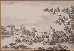 River landscape with fishermen, shepherds and herds