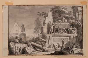 Landscape with Figures near Architectural Ruins with Newton's Grave