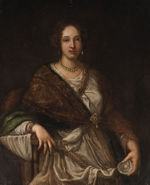 Ritratto di gentildonna a tre quarti di figura, in abiti eleganti e gioielli di perle, con ostrica contenente una perla in mano