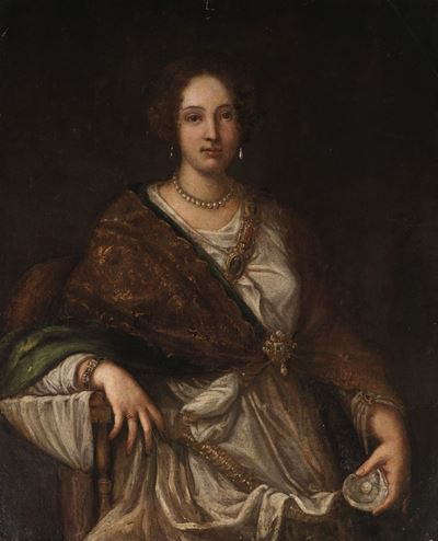 Ritratto di gentildonna a tre quarti con perla e ostrica, olio su tela