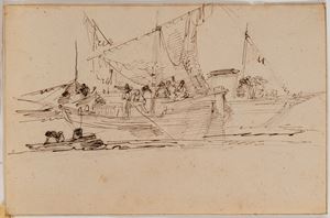 Study of sailing ships with figures