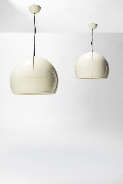 Coppia di lampade a sospensione “Pallade”, metallo e vetro, 1968