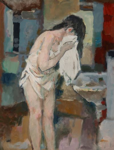Figura femminile al lavabo, olio su tela