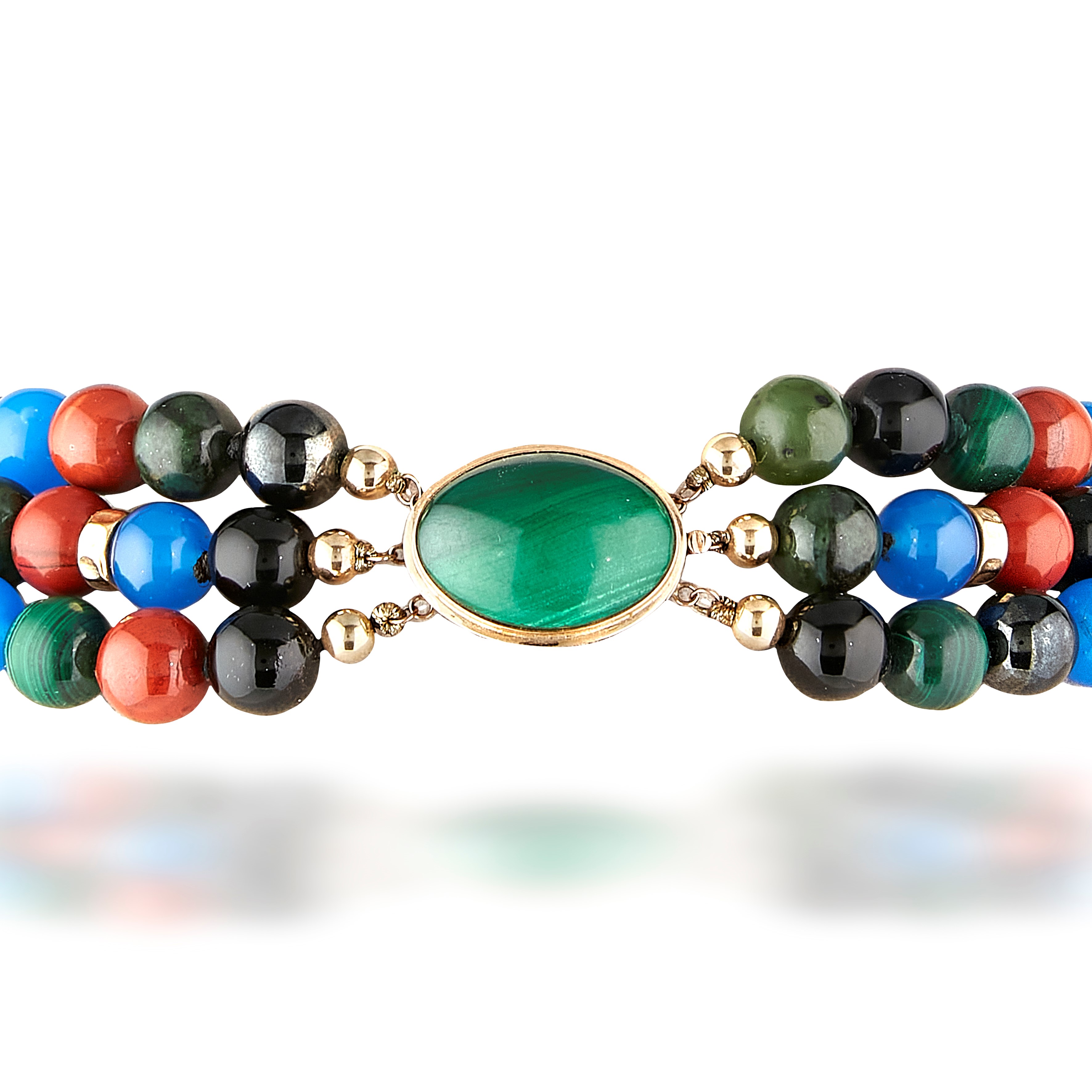Collana a tre fili in oro giallo 18k con boules in pietre dure (quarzo, malachite, onice e cornio...